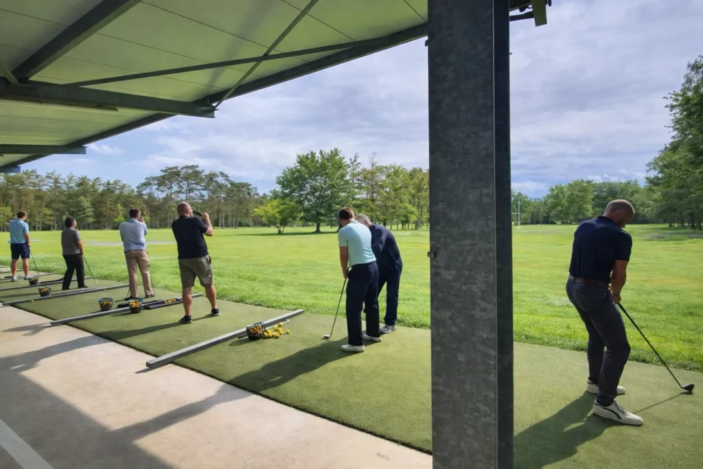 Mensen oefenen met golfclubs op driving range.